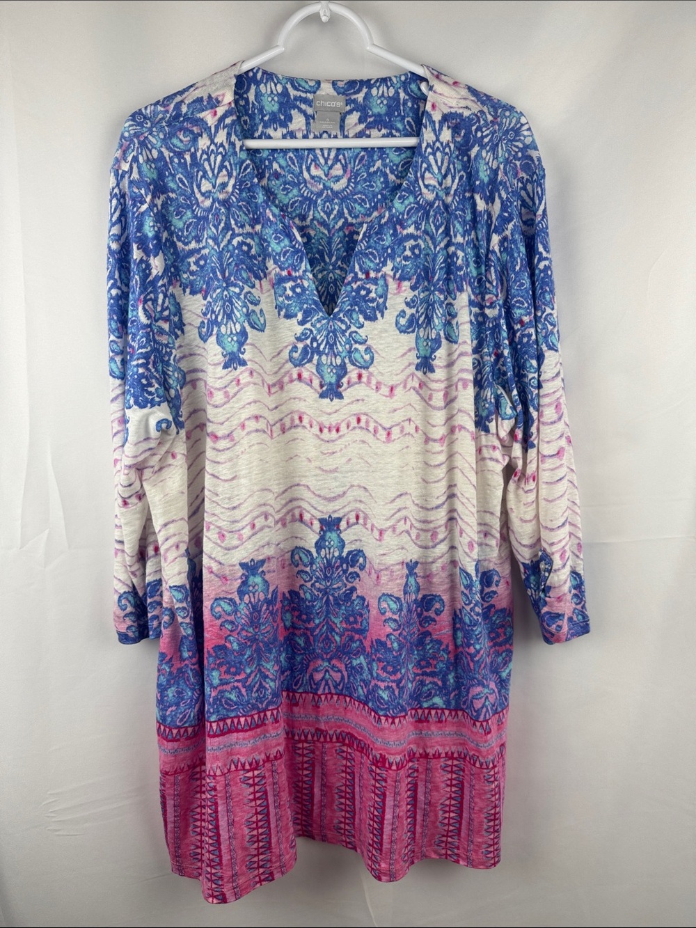 Chico's Filigree Scroll 100% Linen Tunic Shirt Blue Pink Plus Size 4 US XXL